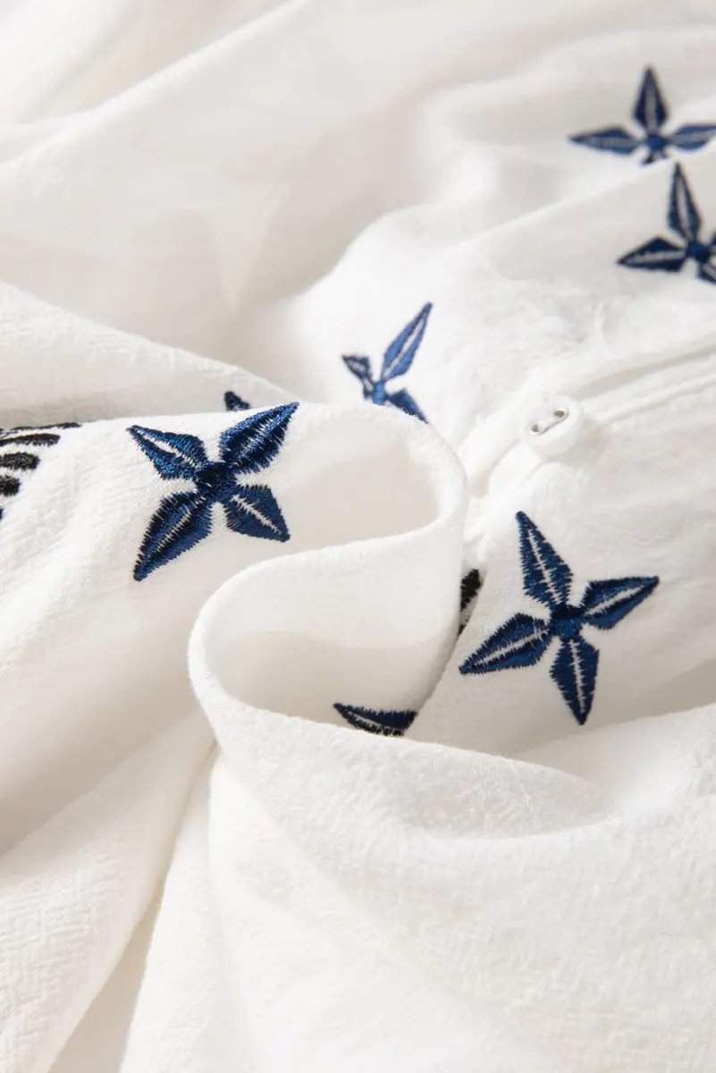 White Geometric Embroidered Long Sleeve Blouse for Women - Love Salve